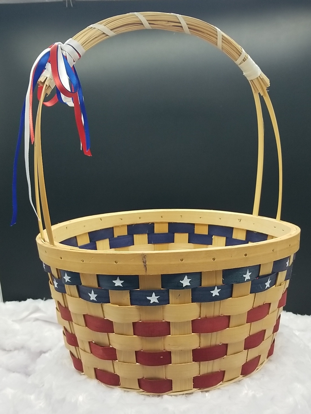 Vintage Handmade Round with Handle Red, White & Blue USA Flag Patriotic Basket